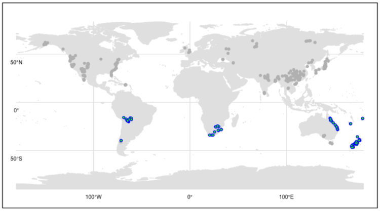 Map of CLAMP sites in the southern hemisphere calibration