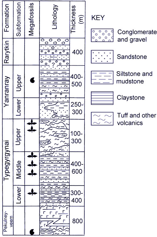Lithology and stratigraphy of Tylpehyrgynai plant fossil localities
