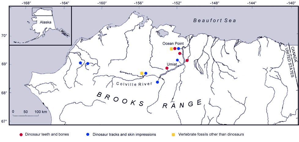 map of northern Alaska showing the locations of dinosaur bones and teeth, skin, trackways and other vertebrate remains.