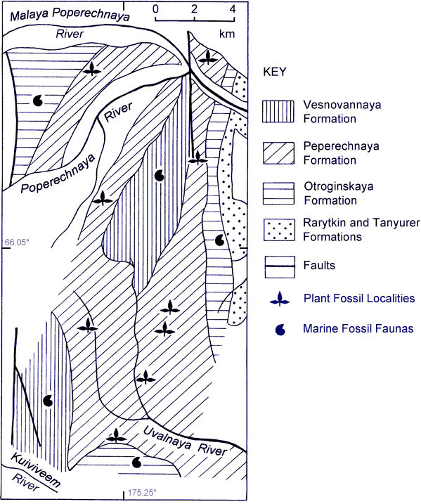 Map of the Eastern Pekulney Ridge fossil localities