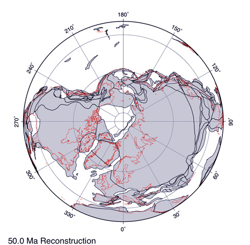 Paleogeographic map N polar projection at 50 million years ago