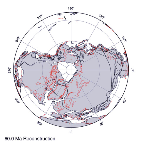 Paleogeographic map N polar projection at 60 million years ago