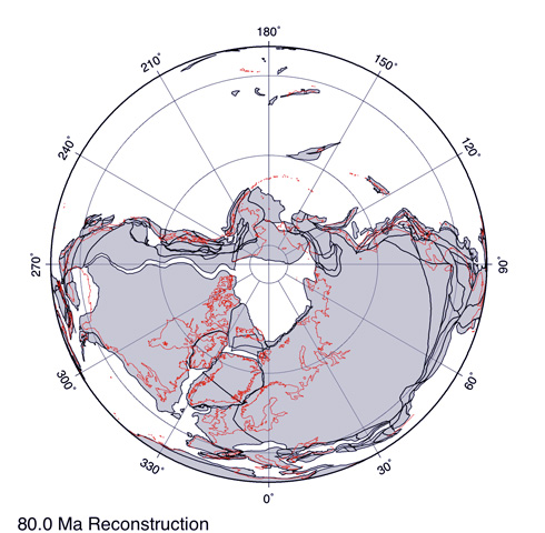 Paleogeographic map N polar projection at 80 million years ago
