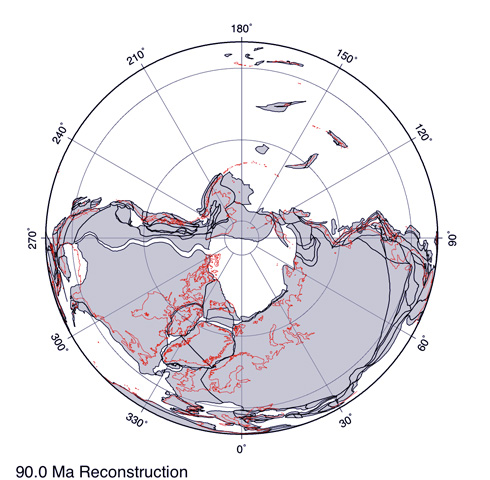 Paleogeographic map N polar projection at 90 million years ago