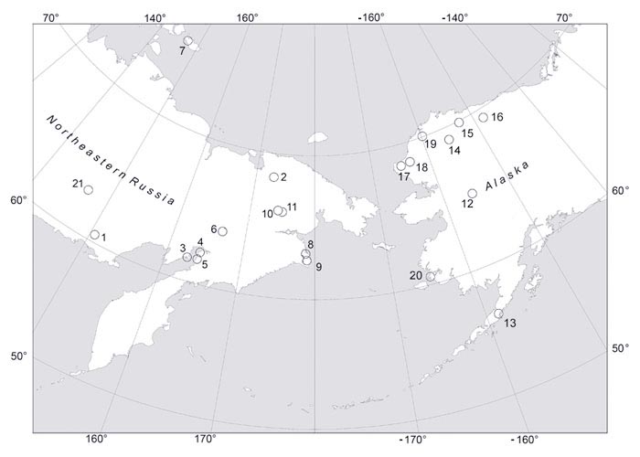 Clickable regional map with linbks to localities in Alaska and NE Russia