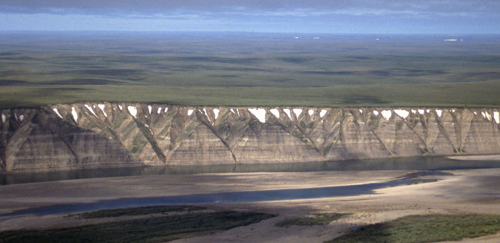Field photograph from the air showing exposures of the Prince Creek Formation along the western side of the Colville River